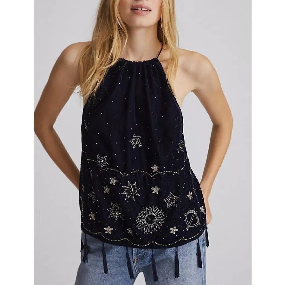 New Anthropologie Beaded Velvet Tank Womens L Sun Moon Stars Zodiak Top Q&A
